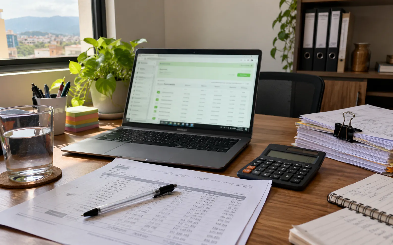Escritorio de un contador con el portátil abierto, la calculadora y los reportes del mes