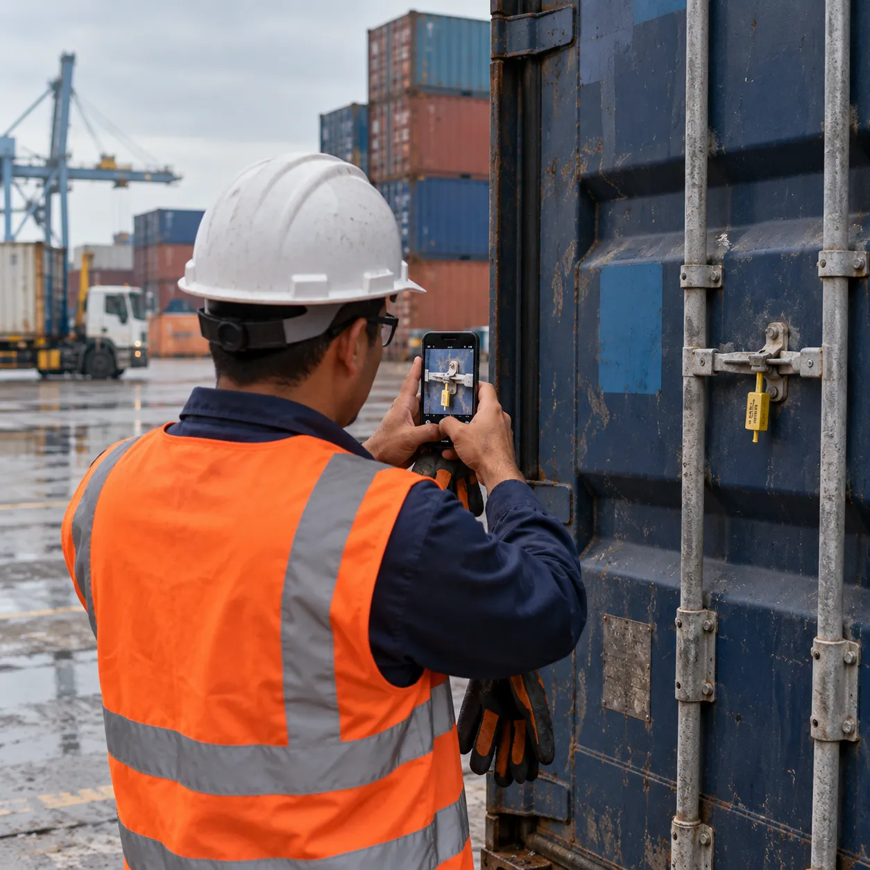 Operador de puerto fotografiando con su teléfono el sello de un contenedor